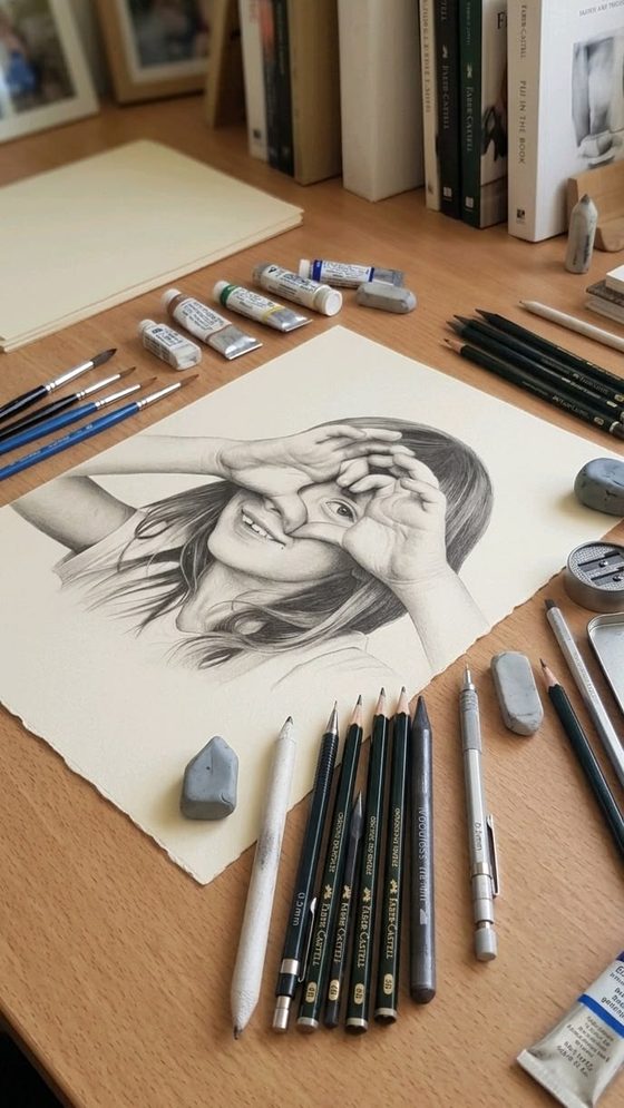 Retrato a lápiz sobre el escritorio