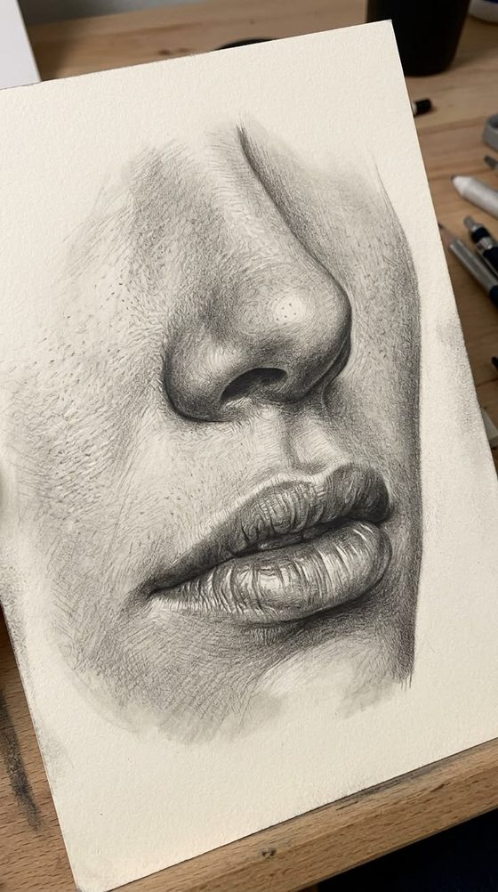 Estudio de nariz y labios a lápiz
