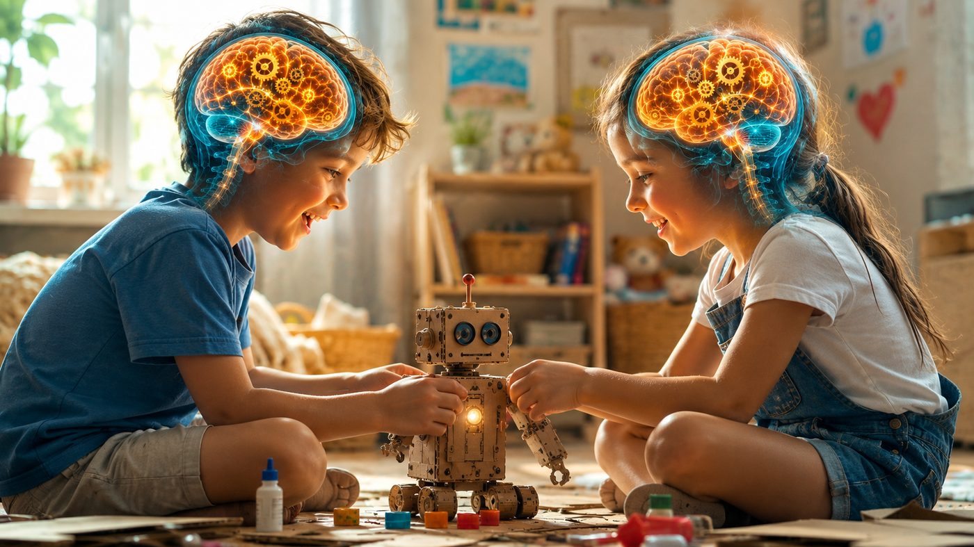 Dos niños construyendo un robot de cartón